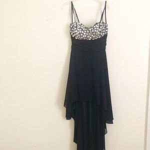 Navy blue high-low prom dress.